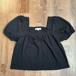 Women’s LOFT Black Crinkle Square Neck Stretch Cotton Peasant Top - New - Medium